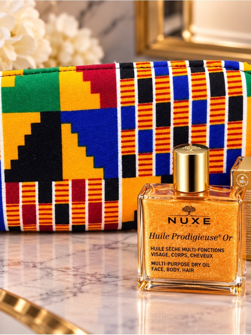 Nuxe Huile Prodigieuse Or Multi-Purpose Dry Oil 1.6ml & Kente Print Wristlet set
